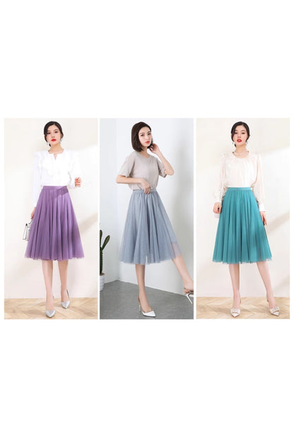 Light blue Tulle Midi Skirt - A-Line Swing Silhouette 6130