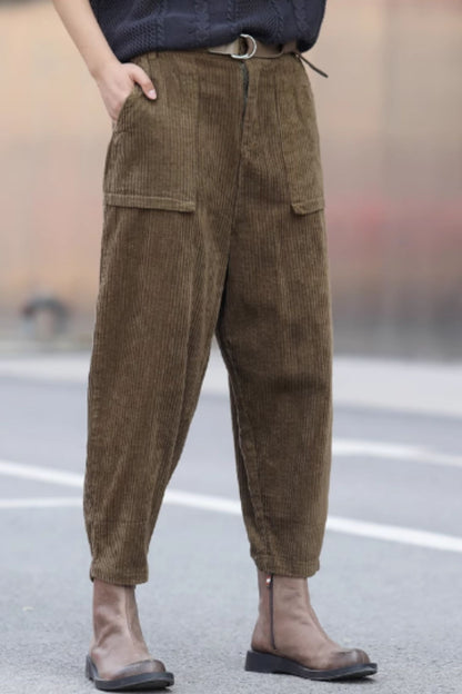 Olive Wool Corduroy Wide Leg Pants - Back Elastic Waist 5593