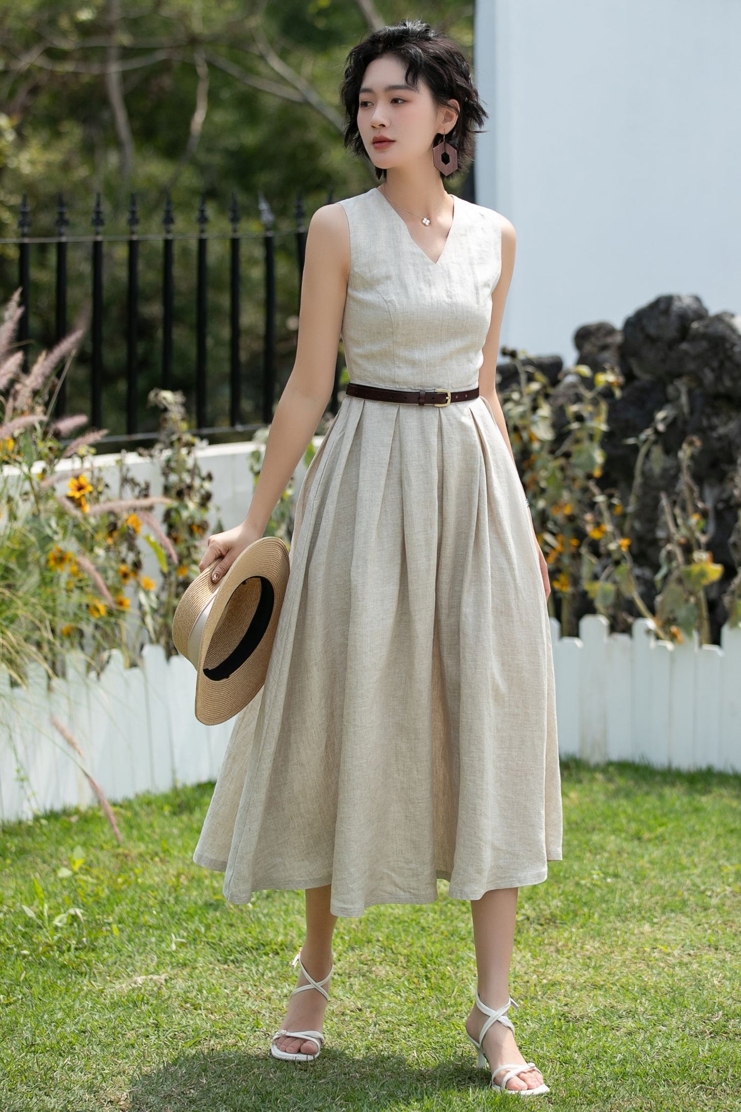 Beige Linen Midi Dress - Sleeveless V-Neck | Xiaolizi 6746 - Size XS #CK2600255
