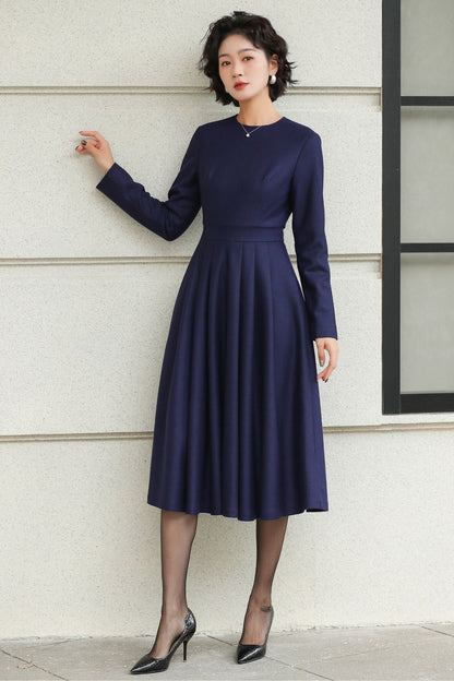 Blue Wool Midi Dress - Swing Fit & Flare Silhouette 6506
