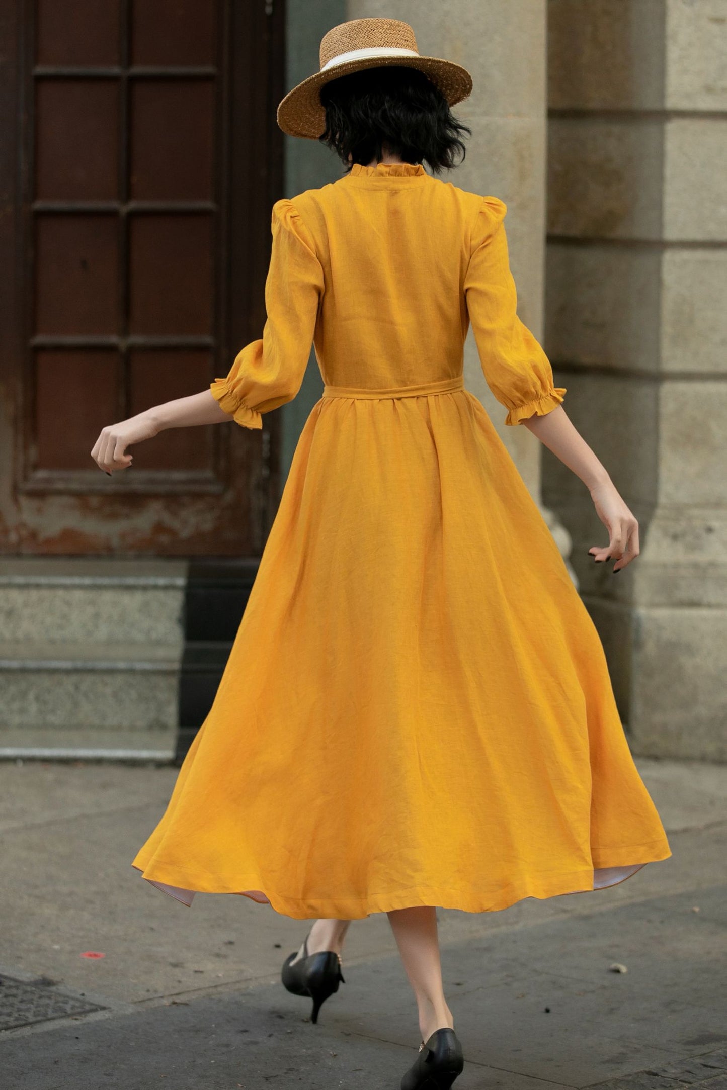 Yellow linen wrap dress with belted 5684