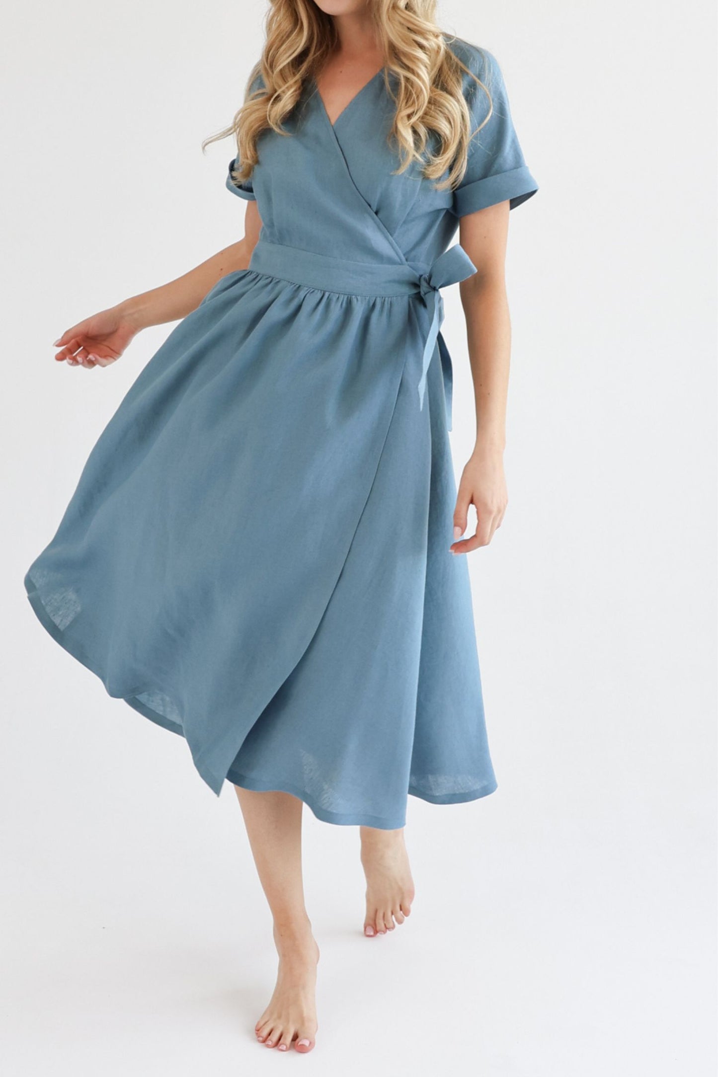 Blue midi linen wrap dress women HY0011