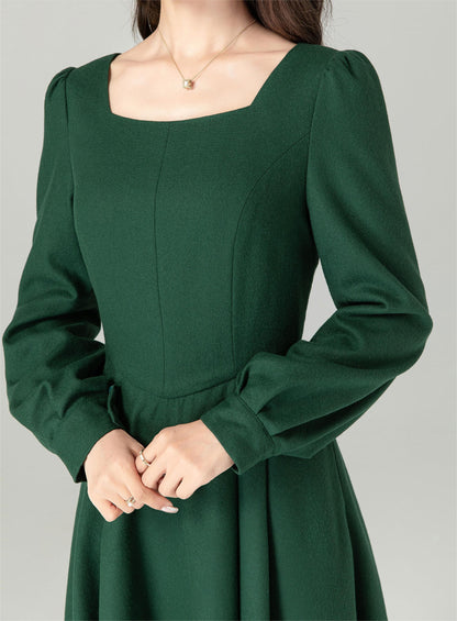 Vintage Wool Midi Dress – Dark Green A-Line Silhouette – 5236