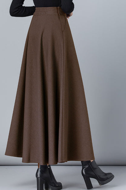 Brown a line maxi wool skirt women 6209