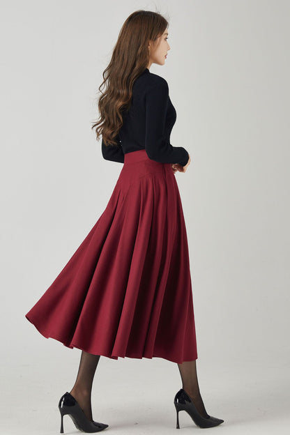 Handmade Wool Blend Skirt – Elegant Wine Red Circle Midi with Pockets 4528
