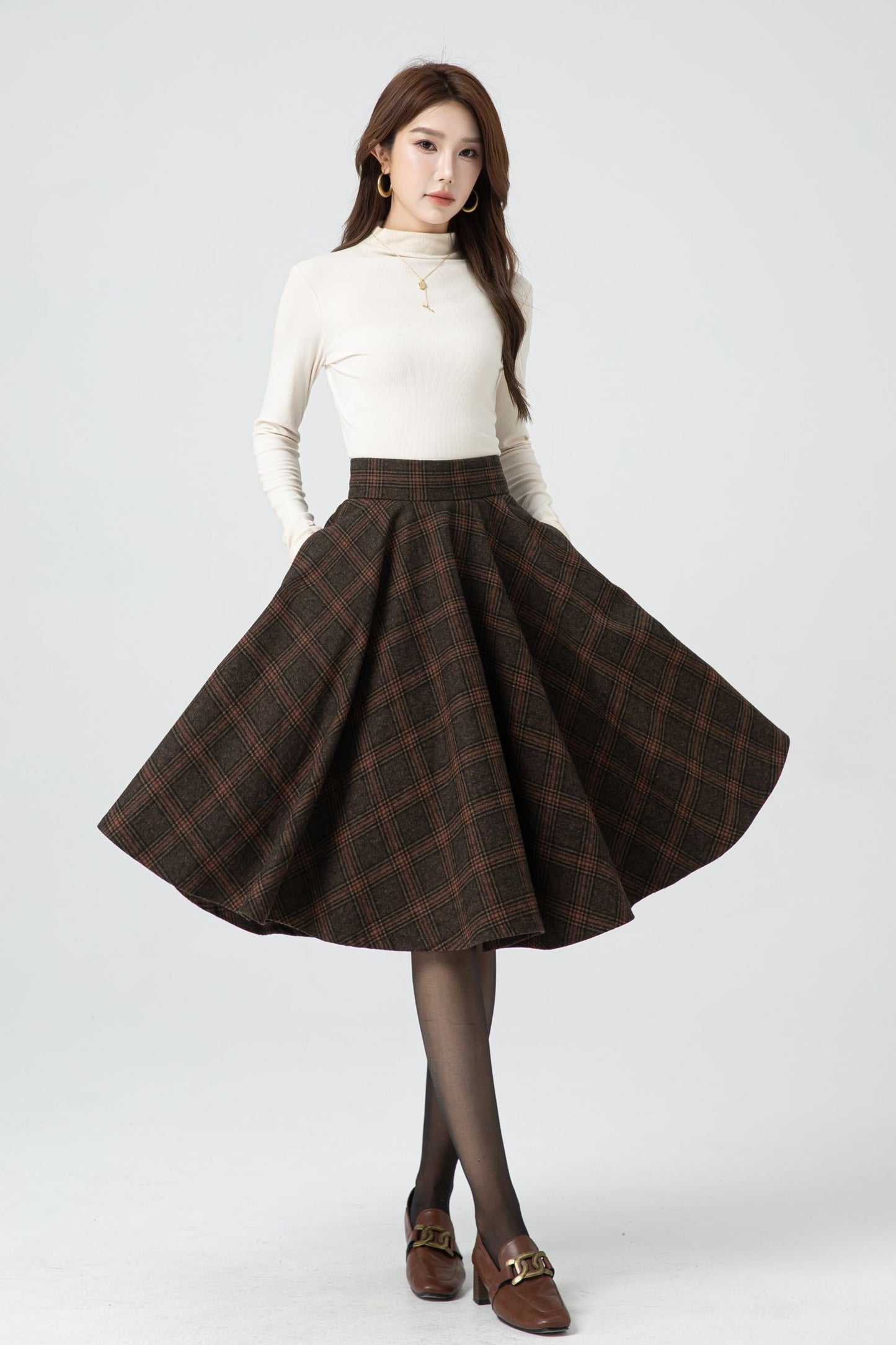 Handmade Knee length plaid winter wool skirt 5323