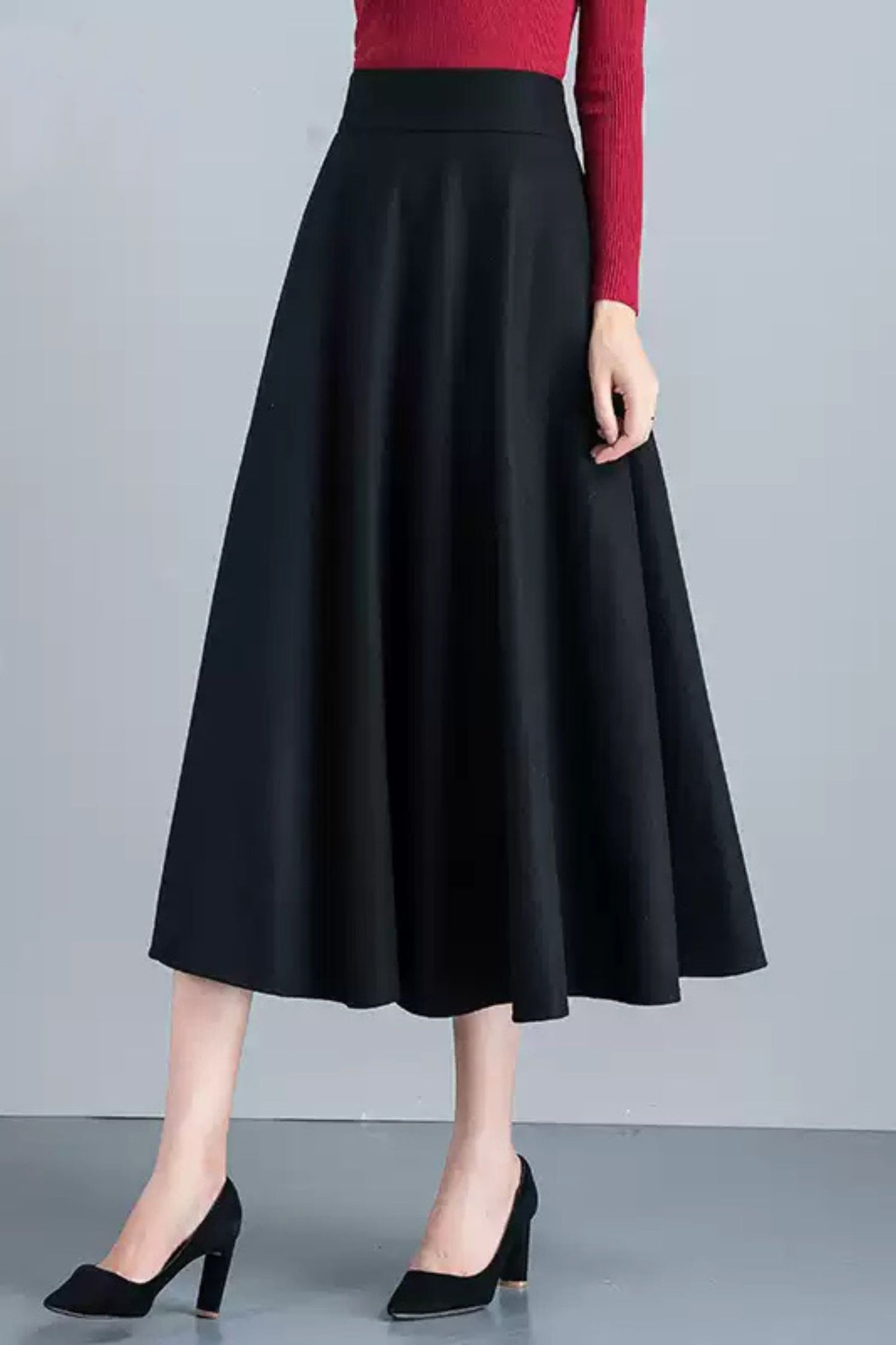 Handmade Wool Midi Skirt – Vintage A-Line High Waist with Pockets 6212