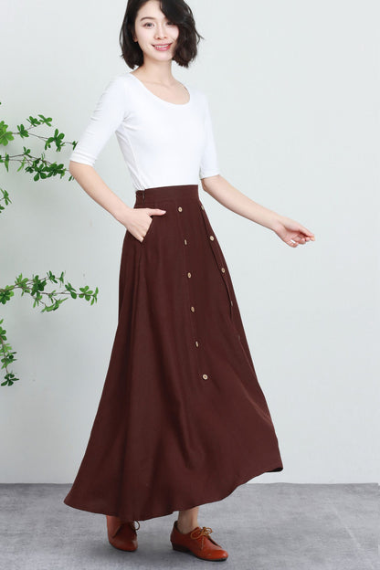 Brown Linen Maxi Skirt - Flowing Button Front with Elastic Waist 5733