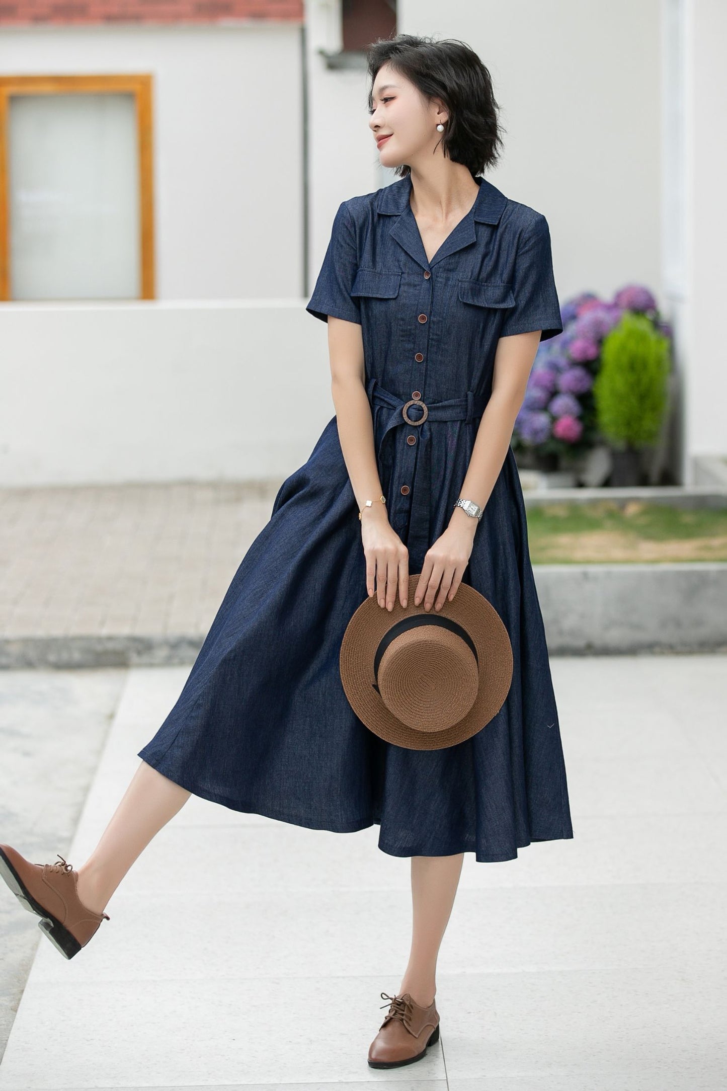 Women’s Tencel Blend Shirt Dress – Retro Button Up Midi Dress 5989