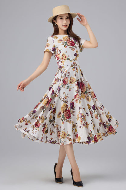 Floral Linen Cotton Midi Dress - Flattering Waist, A-line Swing | Xiaolizi 6762