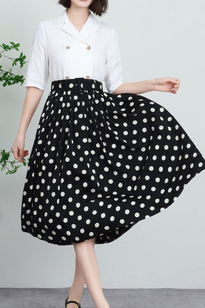 Black & White Polka Dot Polyester Midi Skirt - High-Waisted Pleated A-Line 5739