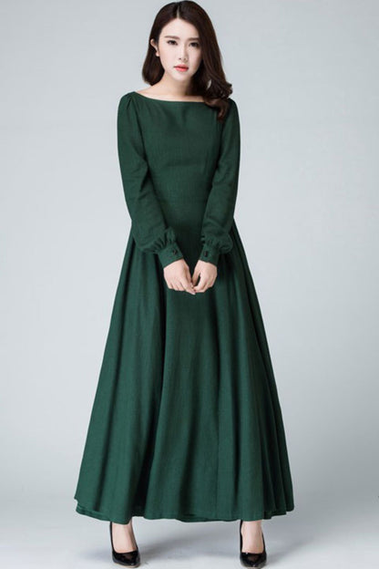 Dark Green Linen Cotton Maxi Dress – Vintage Boat Neck Long Sleeve Dress 1454