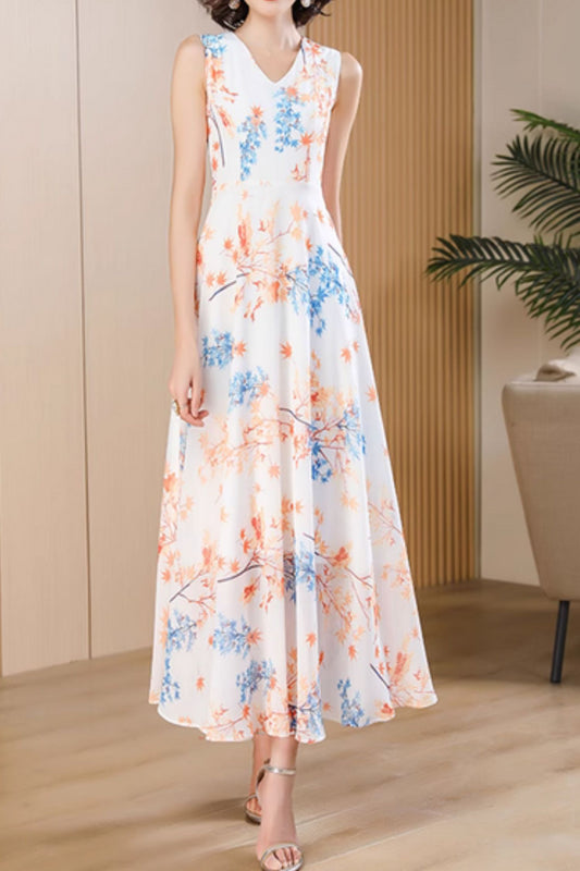 Floral sleeveless summer maxi chiffon dresses 5018