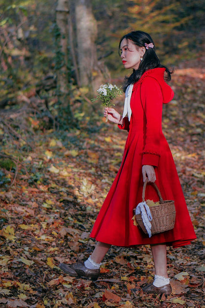 Elegant Red Wool Blend Hooded Winter Coat – Flared Midi Silhouette | Xiaolizi Outerwear 2497