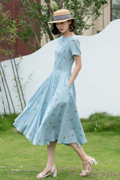Blue Linen Cotton Fit and Flare Dress - Embroidered, Boat Neck 5204