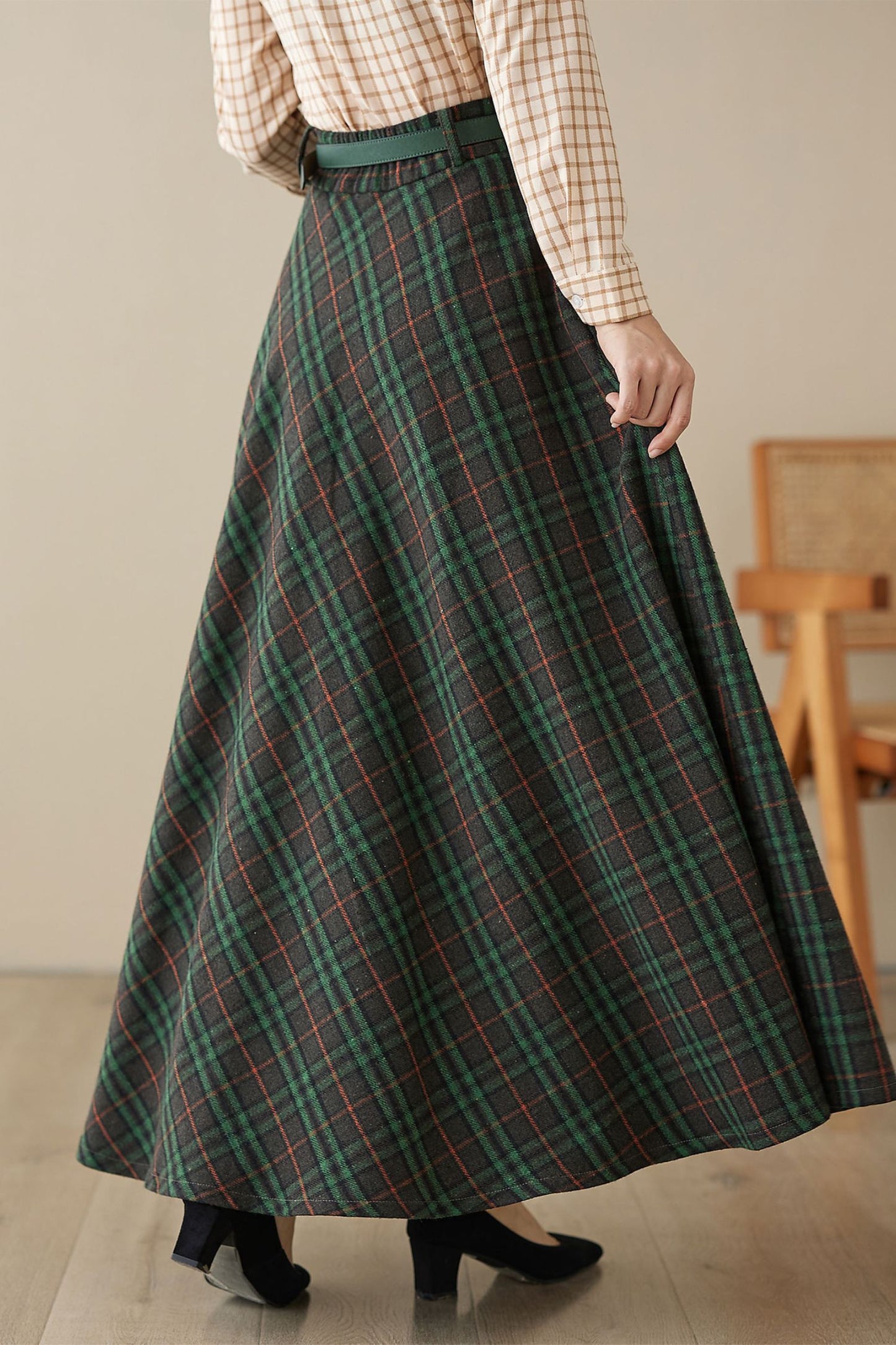 Swing Long wool plaid skirt 4624