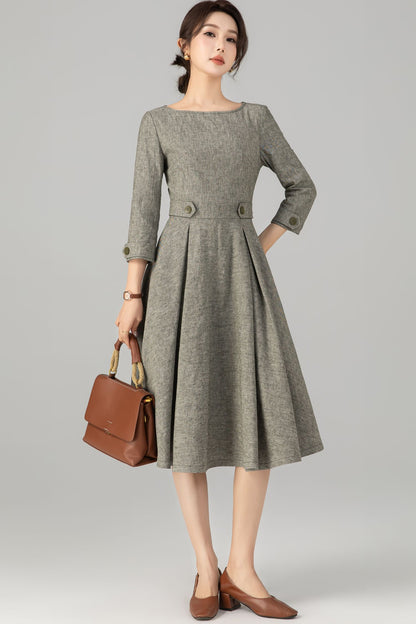 Army Green Linen Cotton Midi Dress - Vintage A-Line Silhouette 5706
