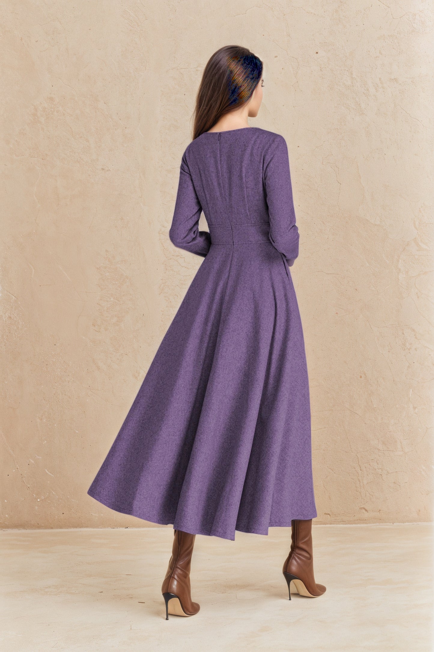 Vintage Purple Wool Midi Dress – Handmade Fit & Flare Winter Dress | Xiaolizi 6515