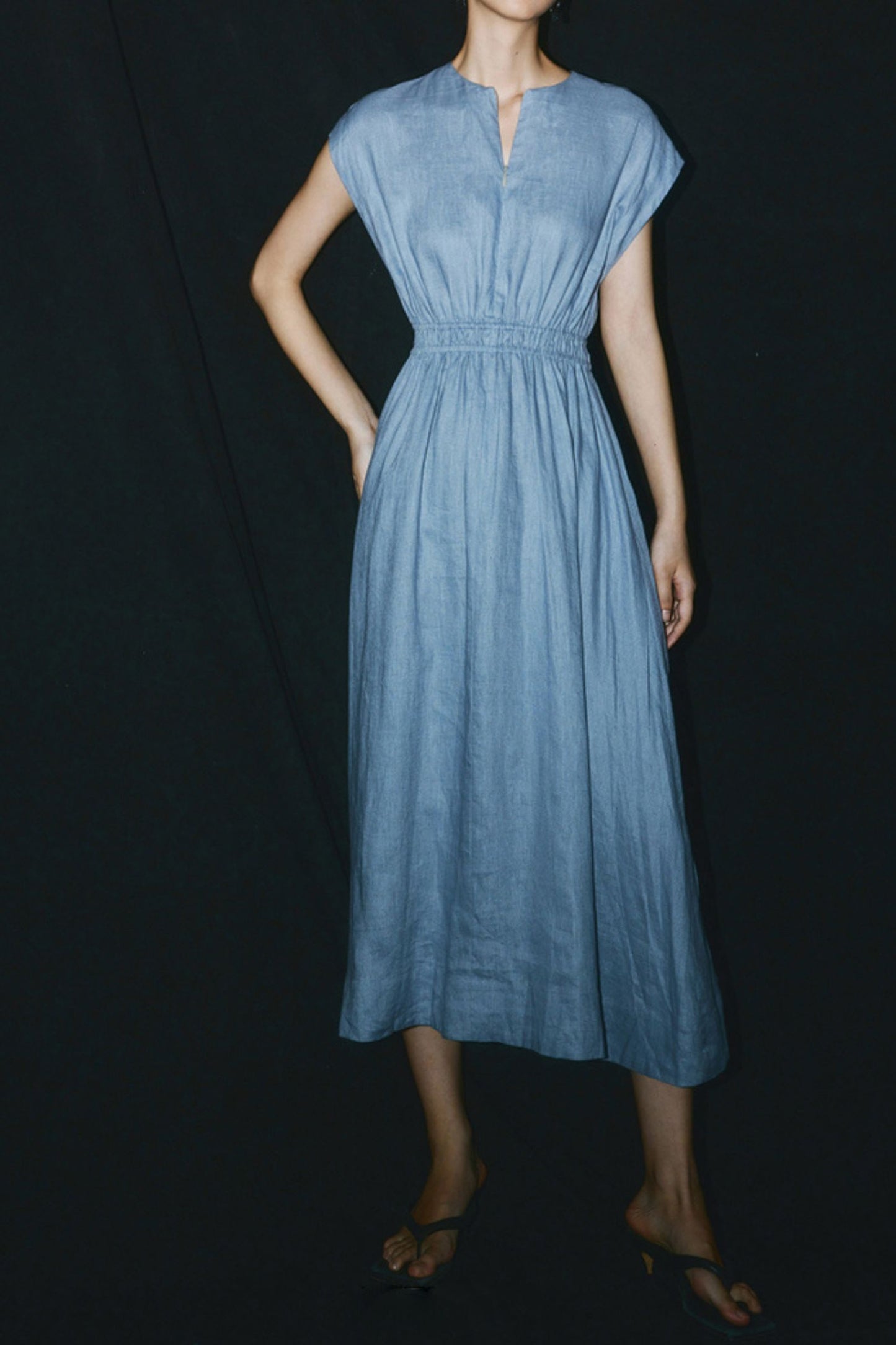A line blue summer linen dress for women HY0021