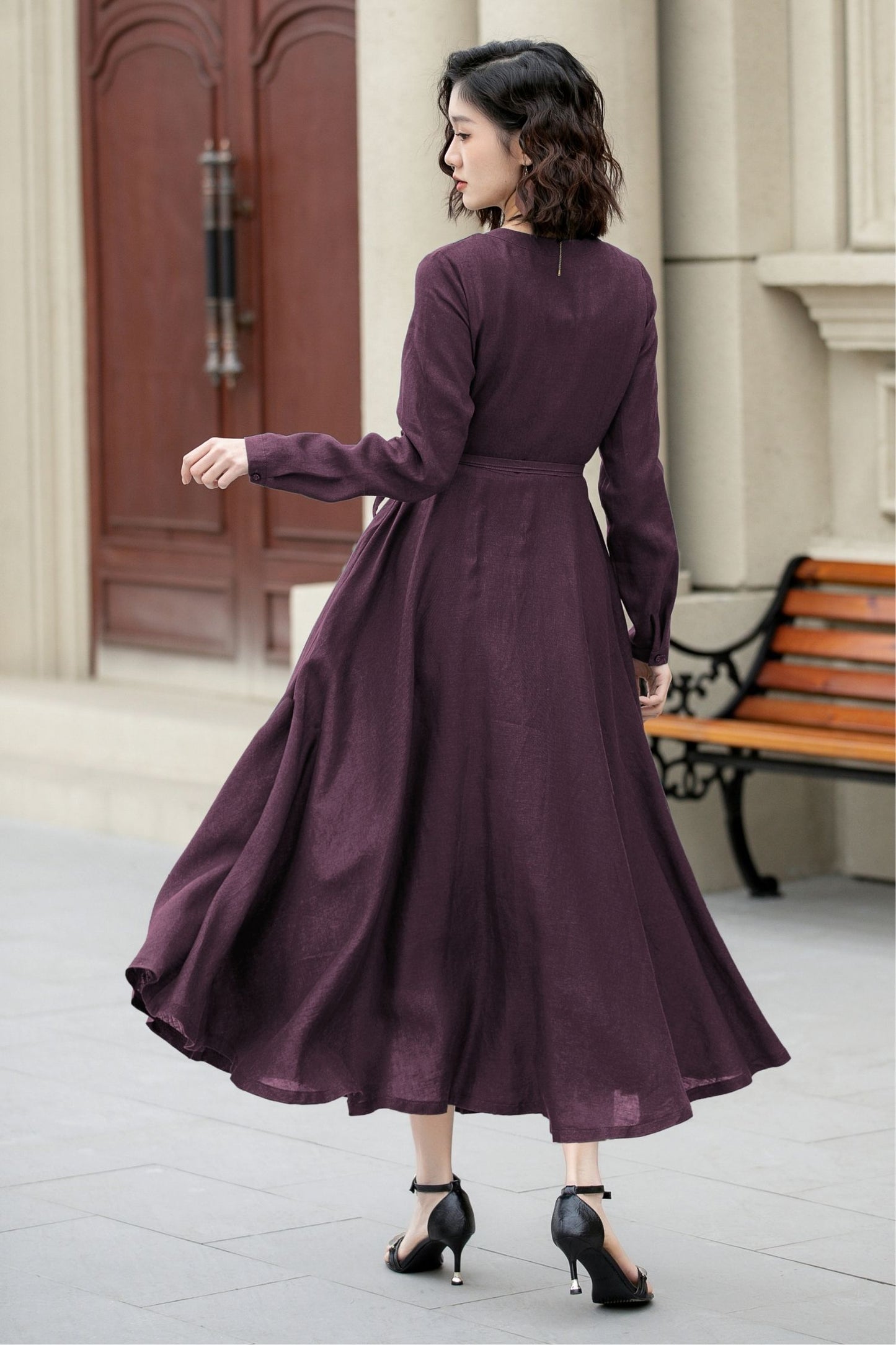 Purple Linen Wrap Dress – Handmade Long Sleeve Maxi for Women 6672