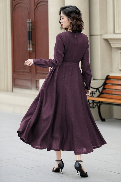 Purple Linen Wrap Dress – Handmade Long Sleeve Maxi for Women 6672