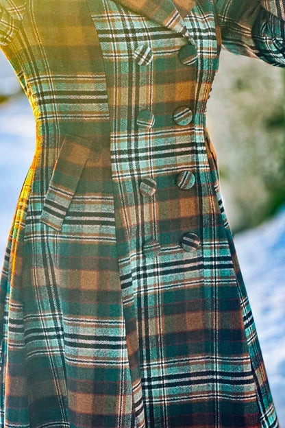 Autumn Forest Plaid Wool Coat – Vintage Fit and Flare Long Winter Overcoat 4807