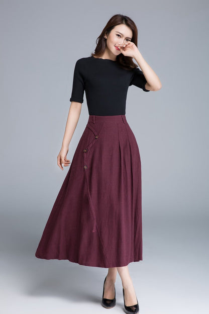 Feminine Burgundy Linen Maxi Skirt – High-Waist A-Line Buttons – 1672