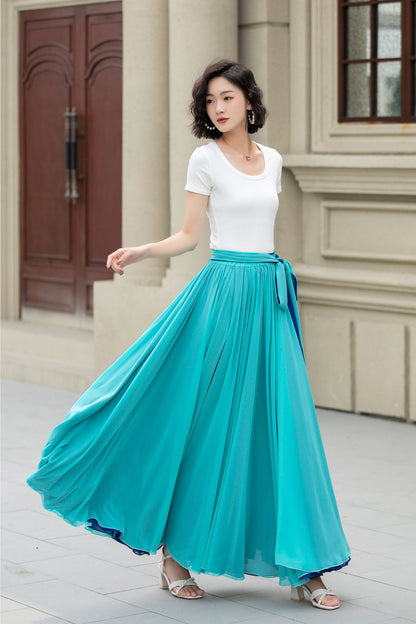 Blue Chiffon Maxi Circle Skirt - Elastic Waist Big Swing | Xiaolizi 5170
