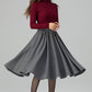 Grey Wool Midi Skirt – Handmade High Waist Vintage Pleated Skater Skirt 6398