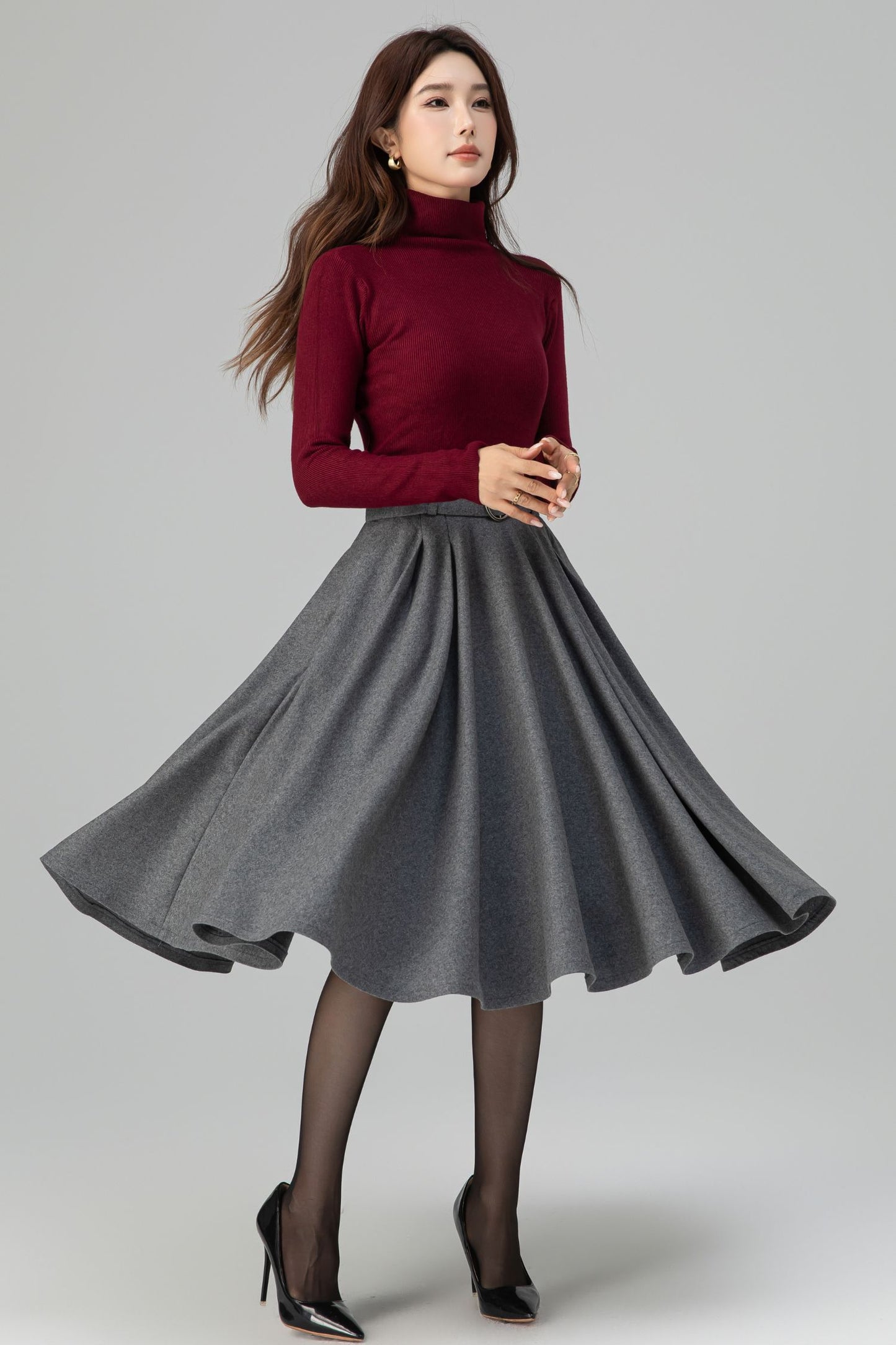 Grey Wool Midi Skirt – Handmade High Waist Vintage Pleated Skater Skirt 6398