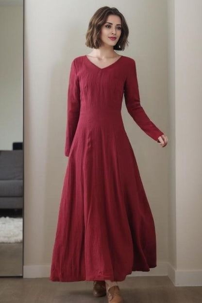 Blue Linen Maxi Dress - V-Neck A-Line Silhouette 5514