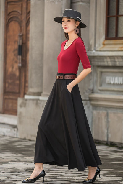 Black A Line Maxi  Linen Skirt with Pockets  2779