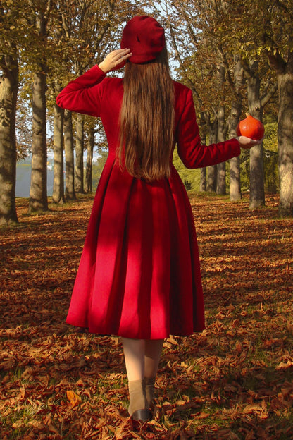 Handmade Red Wool Coat – Vintage Princess Winter Maxi Overcoat 3219