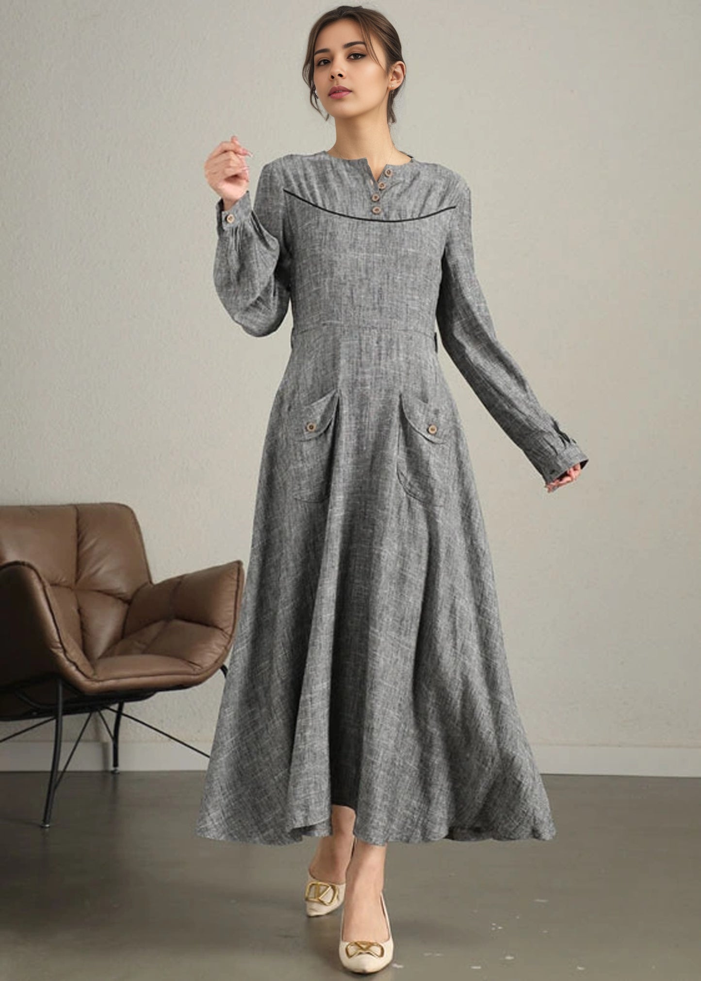 Grey Linen Cotton Maxi Dress - Long Sleeve Gathered Cuffs | Xiaolizi 6340
