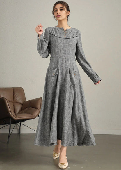 Grey Linen Cotton Maxi Dress - Long Sleeve Gathered Cuffs | Xiaolizi 6340