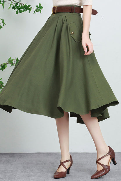 Army Green Linen Blend Midi Skirt - High-Waisted A-Line Swing 5729