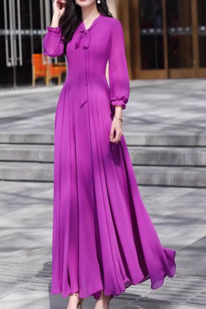 Purple Chiffon Maxi Dress - Flowing Silhouette with V-Neck Tie 5095
