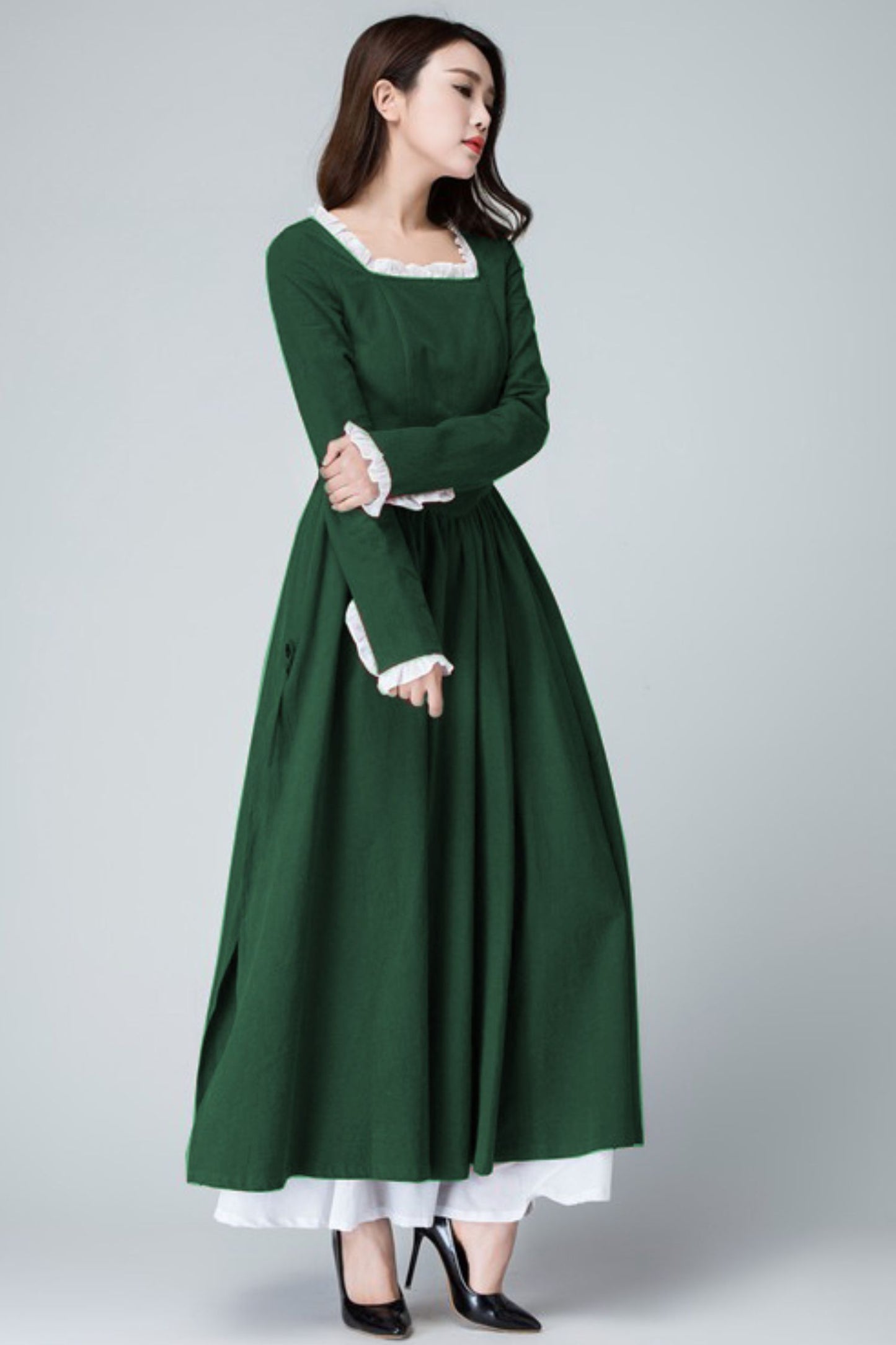 Xiaolizi Linen Maxi Dress – Vintage Green Fit and Flare Dress with chiffon hem 6317