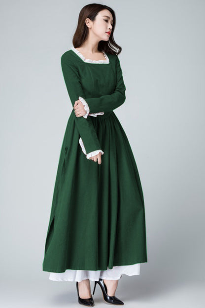 Xiaolizi Linen Maxi Dress – Vintage Green Fit and Flare Dress with chiffon hem 6317