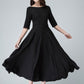 Black Linen Fit and Flare Dress – Vintage Little Black Dress with Pockets 1458