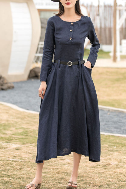 Long sleeves spring linen dress with pockets 2860