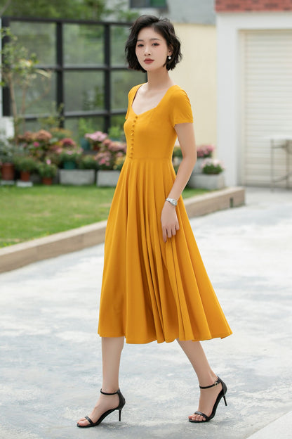 Linen Midi Dress for Women, Square Neckline | Xiaolizi 5981