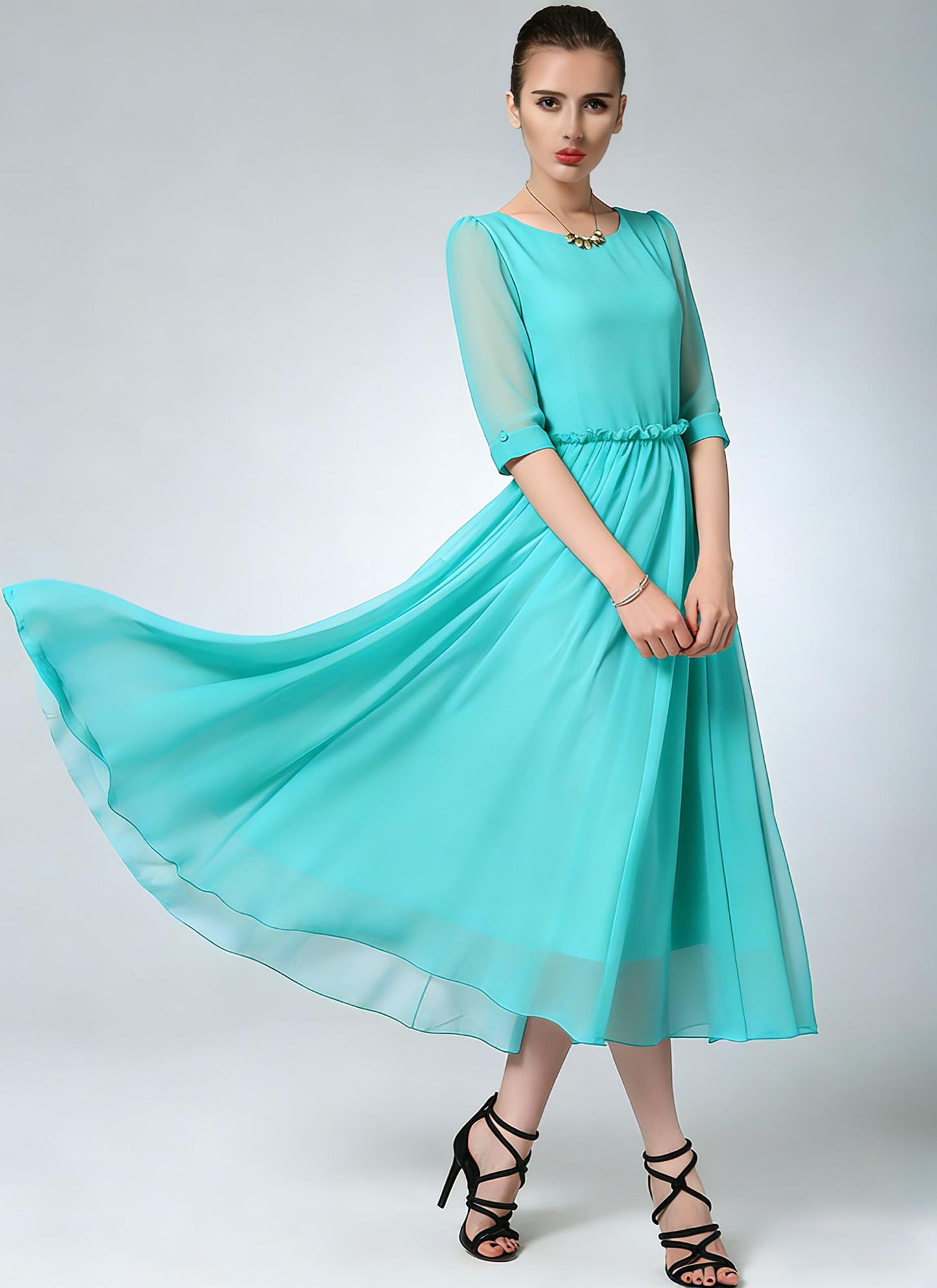 Blue Chiffon Midi Dress – Ruffle Waist Elegance | Xiaolizi 6783