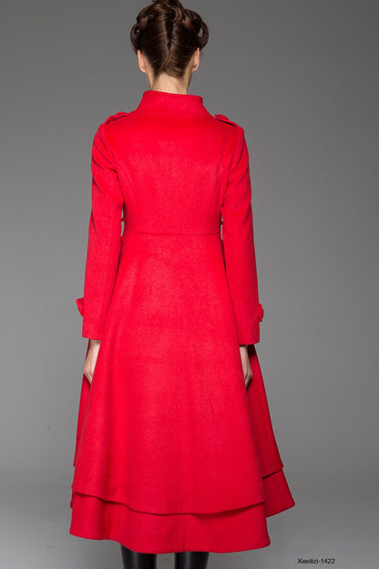 Red Wool Coat Maxi - Asymmetrical Layered Hem & Self-Tie Waist 1422