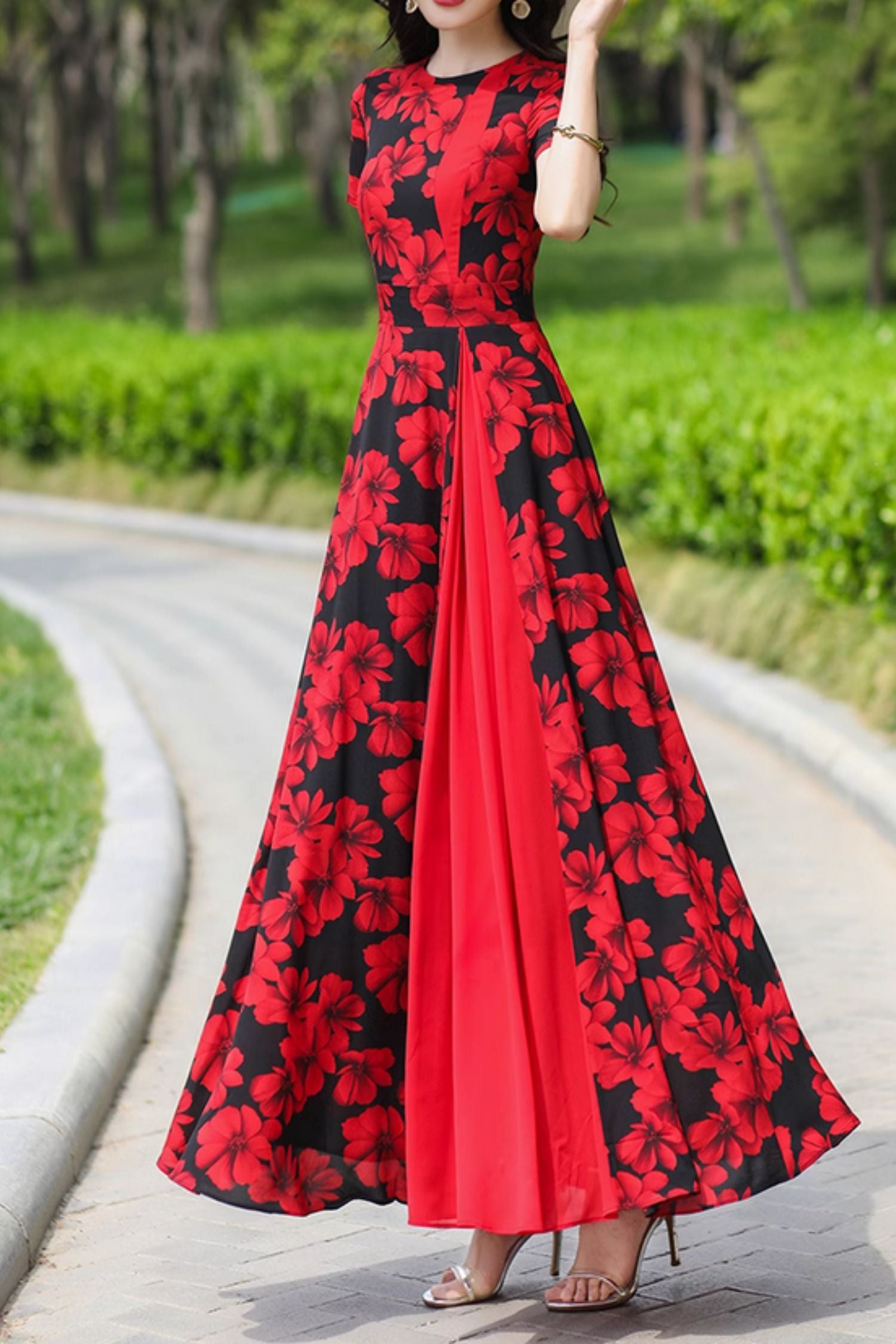 Chiffon Maxi Dress with Floral Patchwork in Black and Red Chiffon Maxi Dress with Floral Patchwork in Black and Red