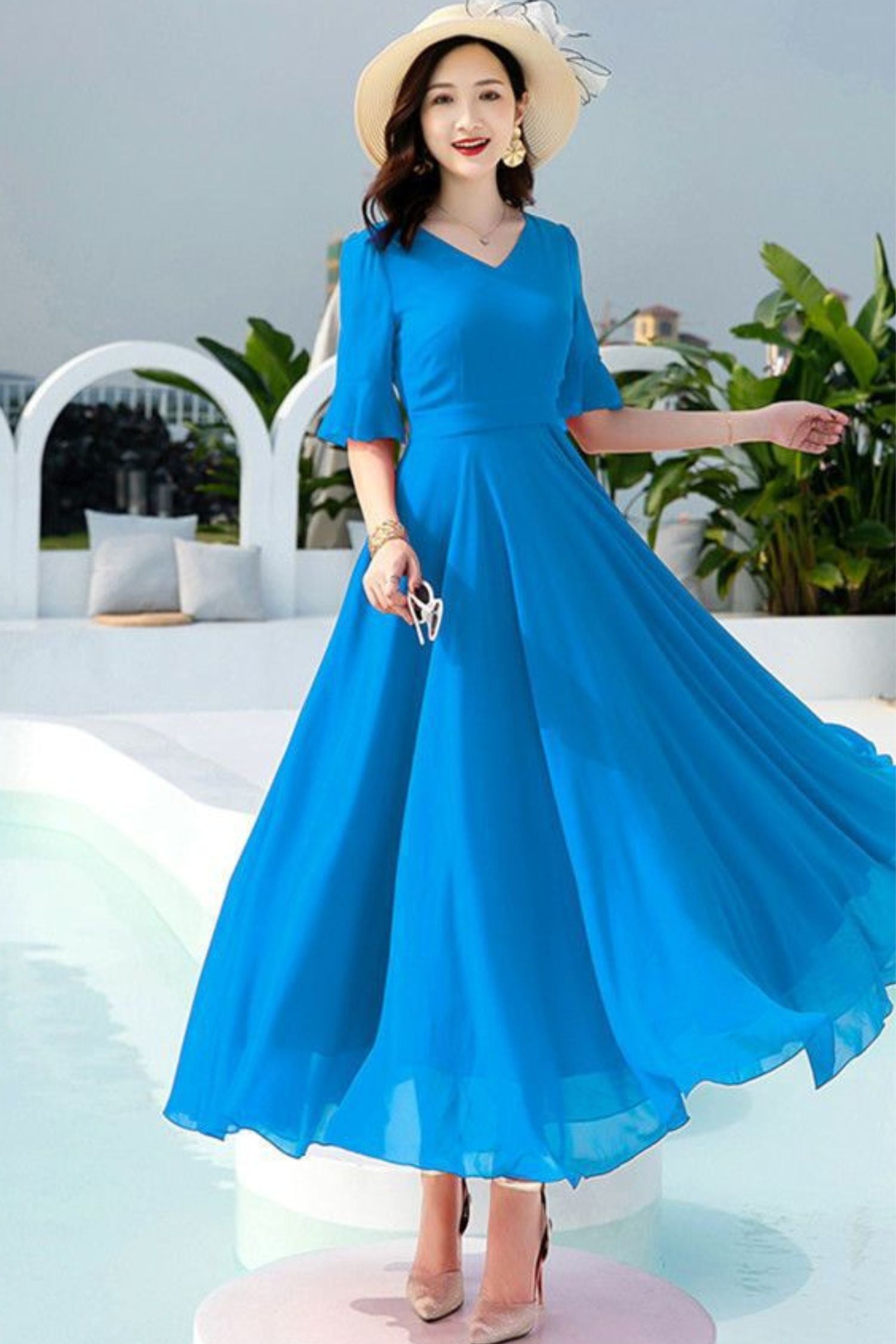 Chiffon Maxi Swing Dress - V-Neck Ruffle Sleeve Prom | Xiaolizi TT0039 - red / XS Chiffon Maxi Swing Dress - V-Neck Ruffle Sleeve Prom | Xiaolizi TT0039 - red / XS