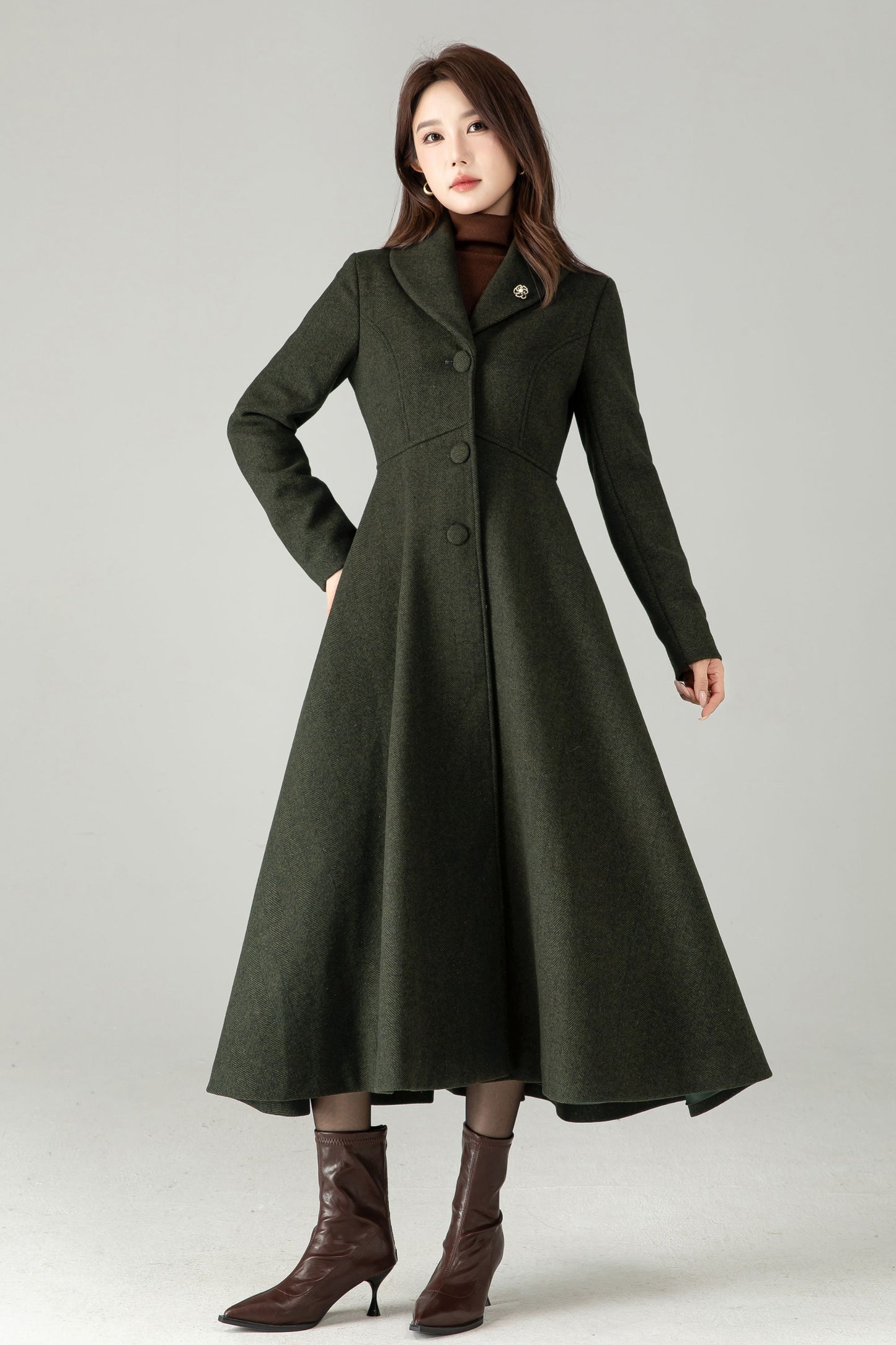 Army Green Herringbone Wool Coat – Elegant A-Line Maxi Winter Coat | Xiaolizi 6574
