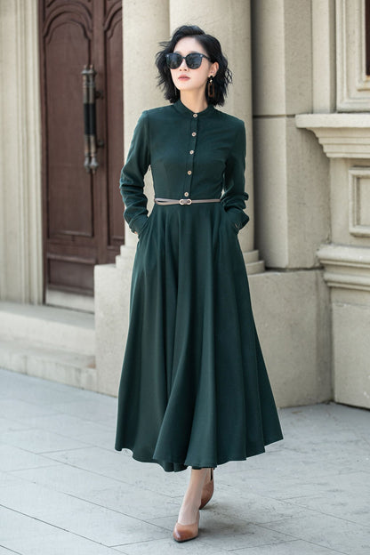 Dark Green Wool Maxi Dress - Long Sleeve, Flowy Winter Style 5314