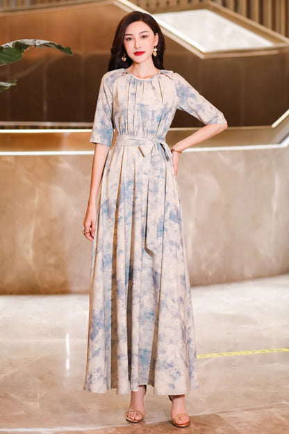 Beige Polyester Maxi Dress - Vintage Inspired Tie Belt 5050