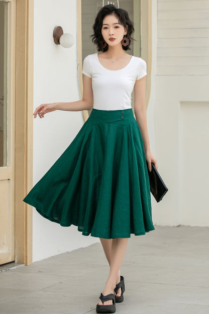 Classic Dark Green Linen Midi Skirt – High-Waisted A-Line Flare – 5834 -XS #CK2500158